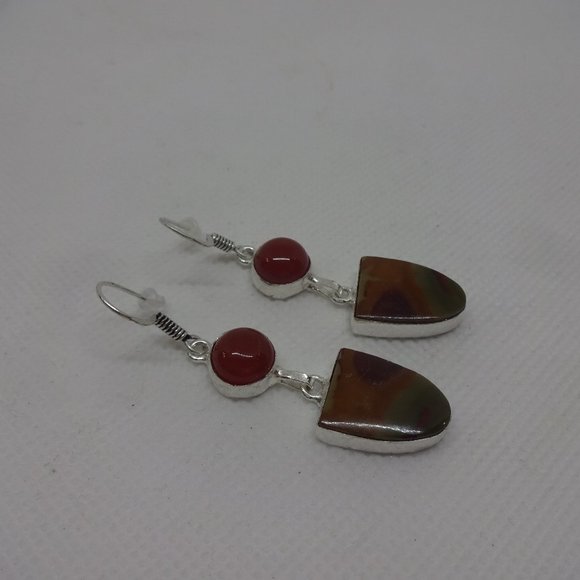 Natural "BLOODSTONE AGATE & CARNELIAN" Handmade Sterling Dangle Earrings #26A - Picture 1 of 3